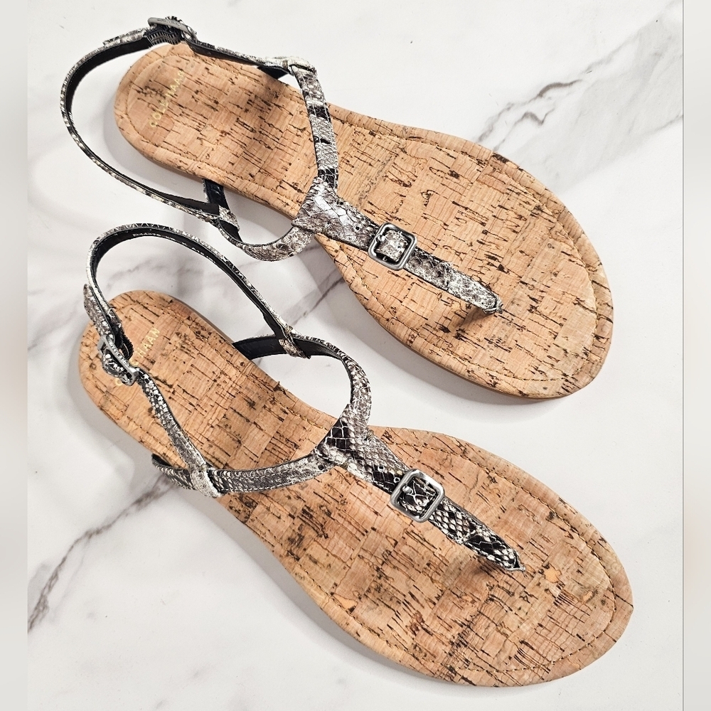 Cole Haan Black and White Snake Print Britt T Strap Sandals Size 8